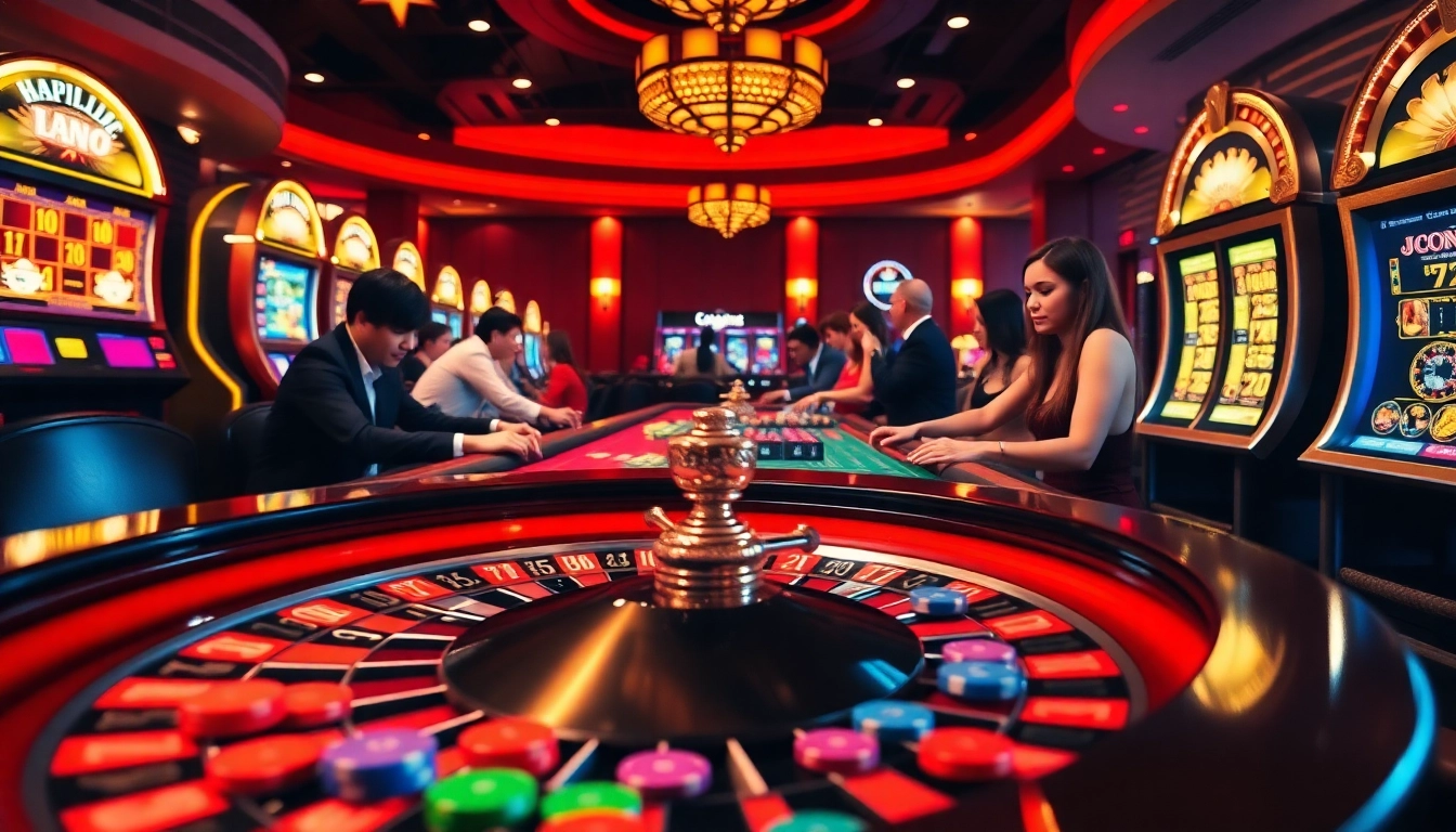 Engaging casino scene showcasing excitement at https://nohudoithuong.us/ with roulette and slot machines.