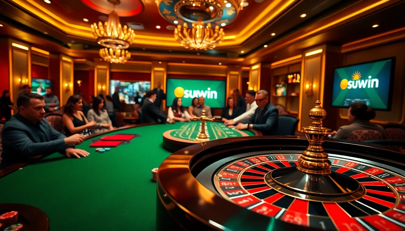 Experience sun win through an exciting gambling scene with roulette and poker players.