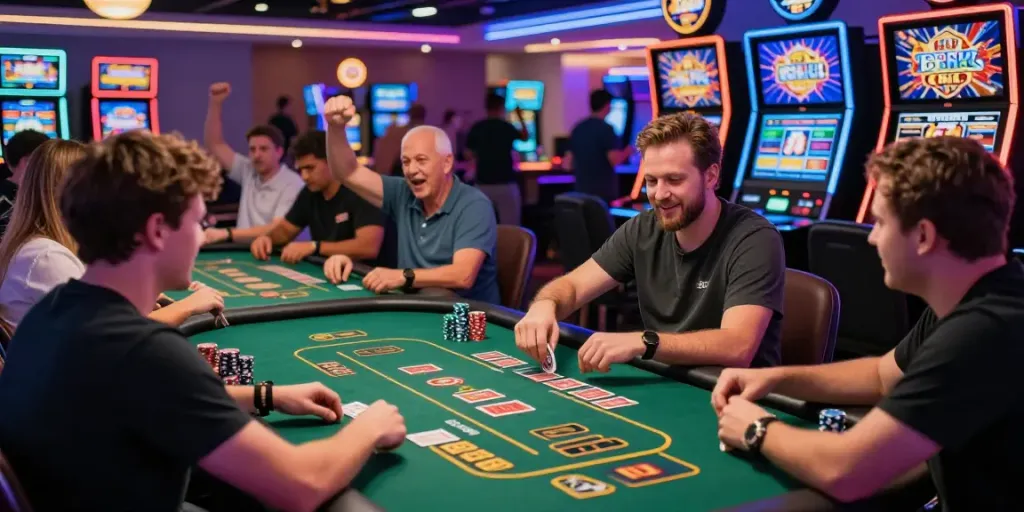 A diverse group of players enjoying the thrill of a non Gamstop casino, with vibrant neon lights and lively atmosphere.