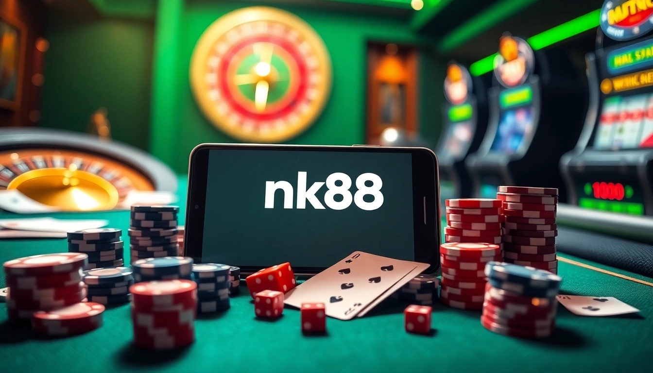 Engaging players with the nk88 app amidst a vibrant casino atmosphere filled with chips and cards.