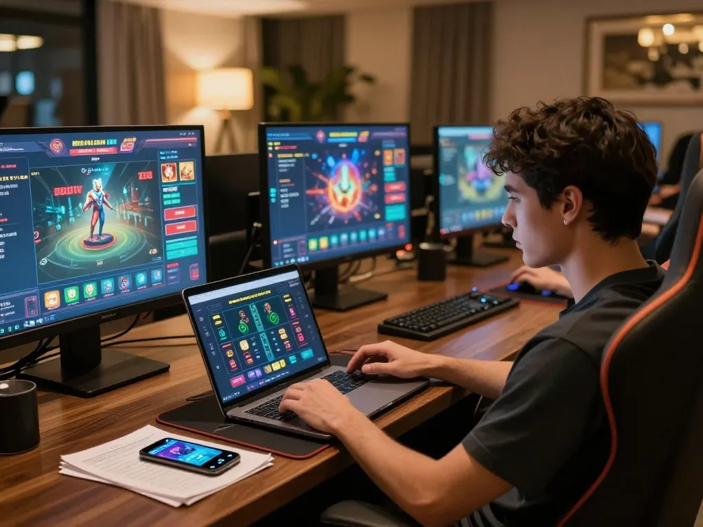 Max88 player engaged in strategic gaming session with screens and notes organized