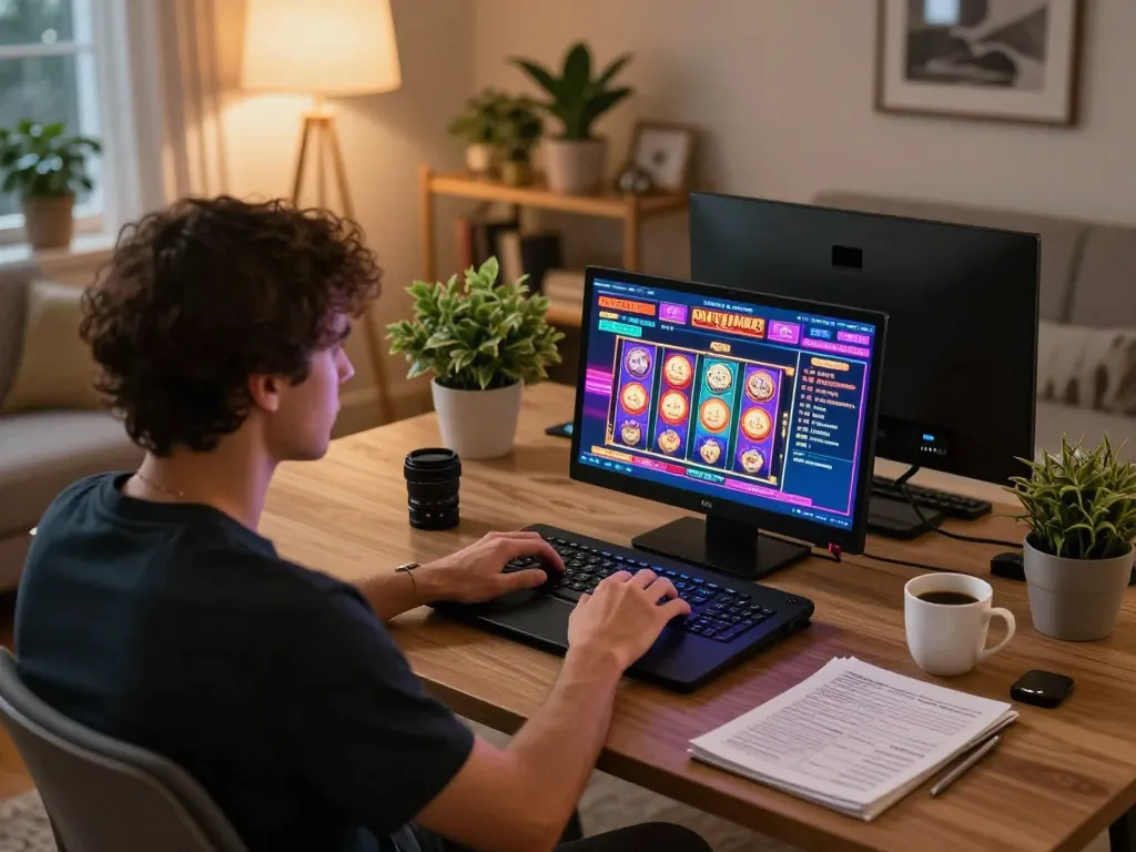 Player enjoying Nk88 online slots at home, showcasing immersive gaming experience with vibrant visuals