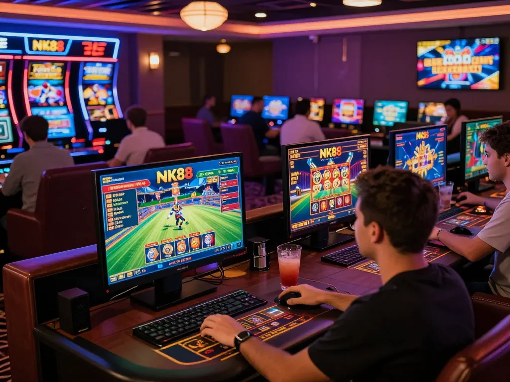 Engaged players interacting with NK88 online gambling games on various devices in a vibrant casino-like atmosphere.
