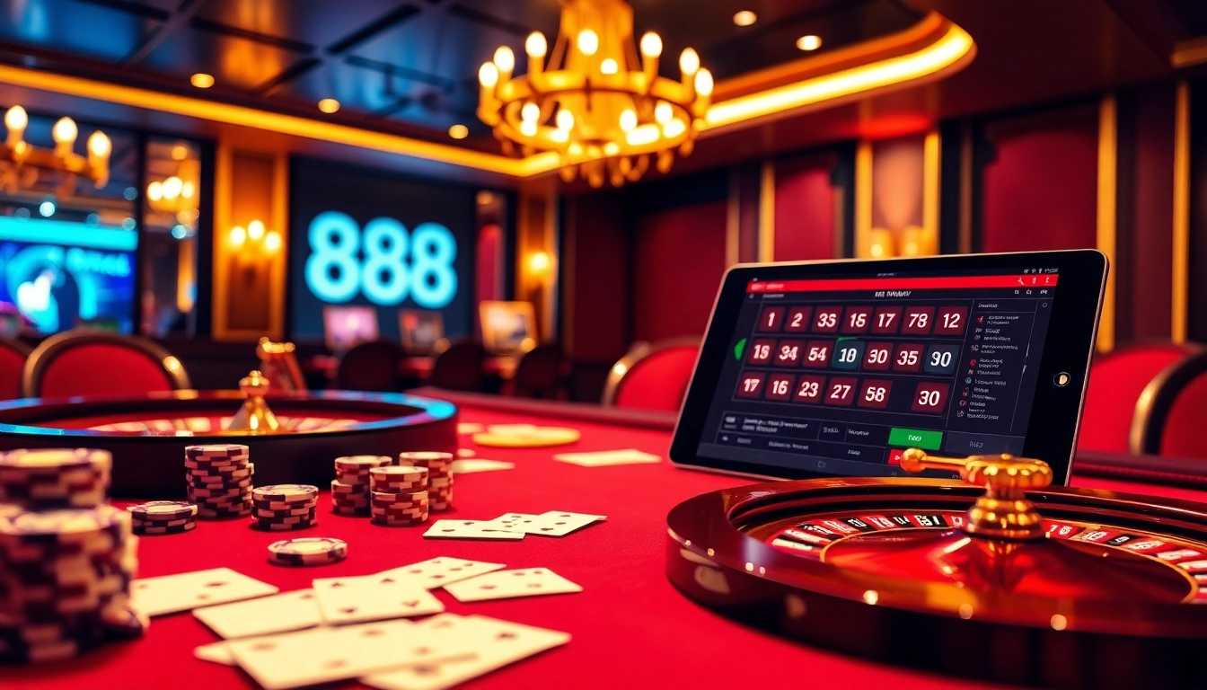 Experience the excitement of nhà cái 888NEW with this immersive online gambling scene featuring casino tables and digital interfaces.