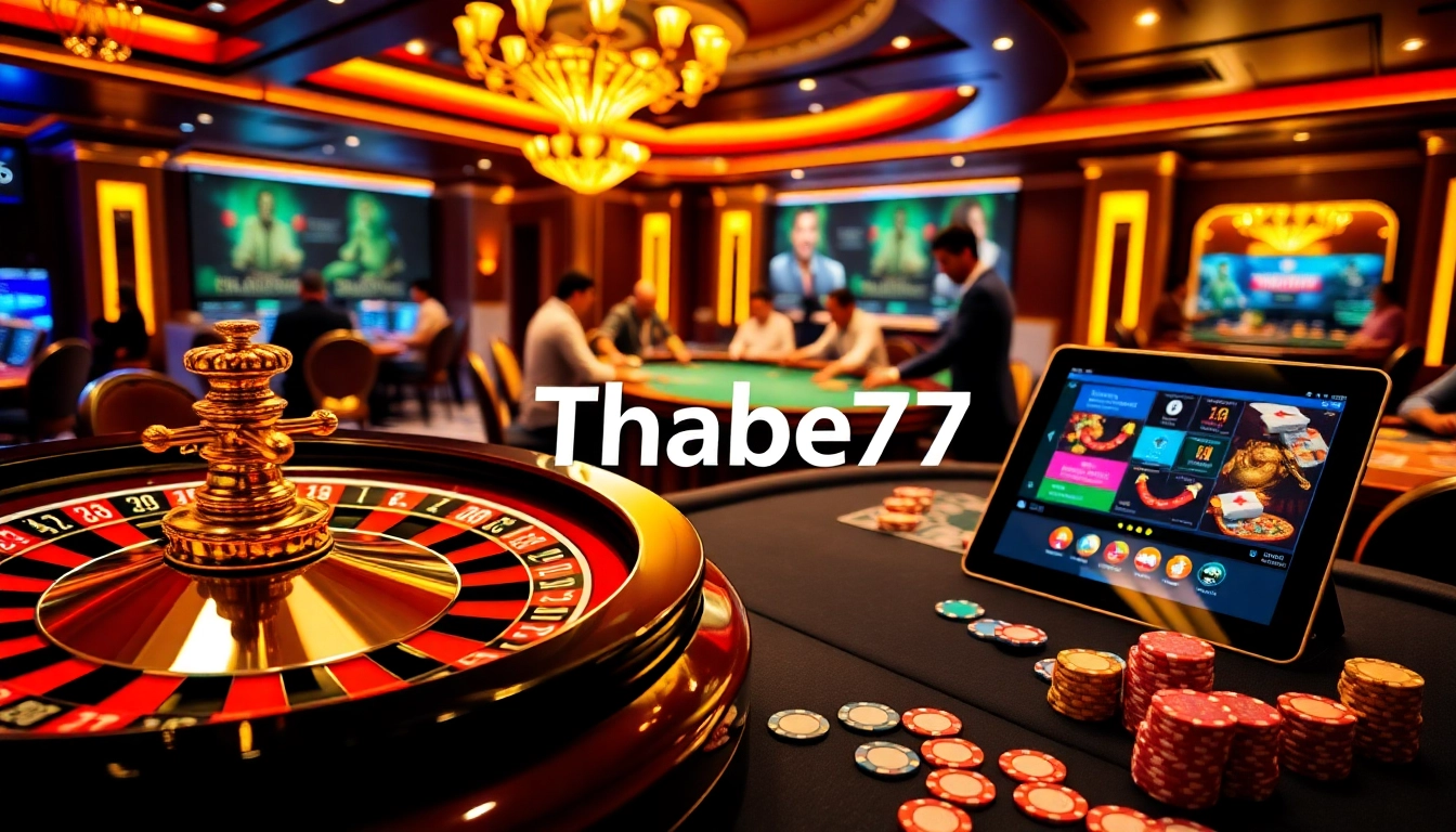Exciting gameplay at Thabet77 Casino with poker chips and roulette wheel.