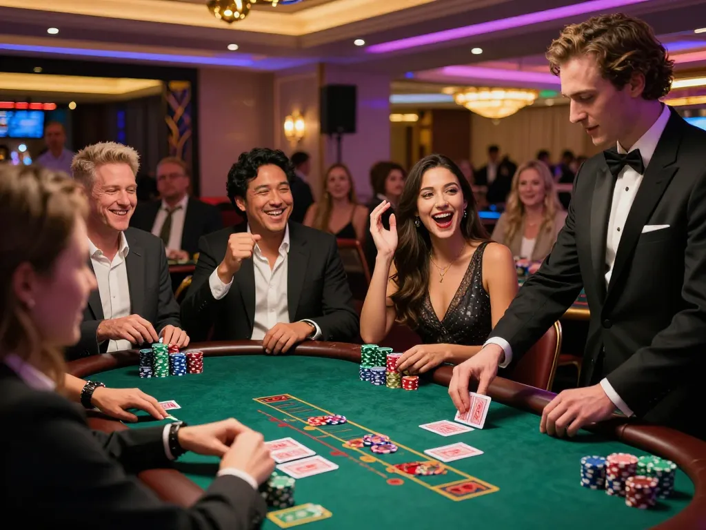 Players enjoying blackjack at LLWIN casino table, showcasing excitement and strategy.
