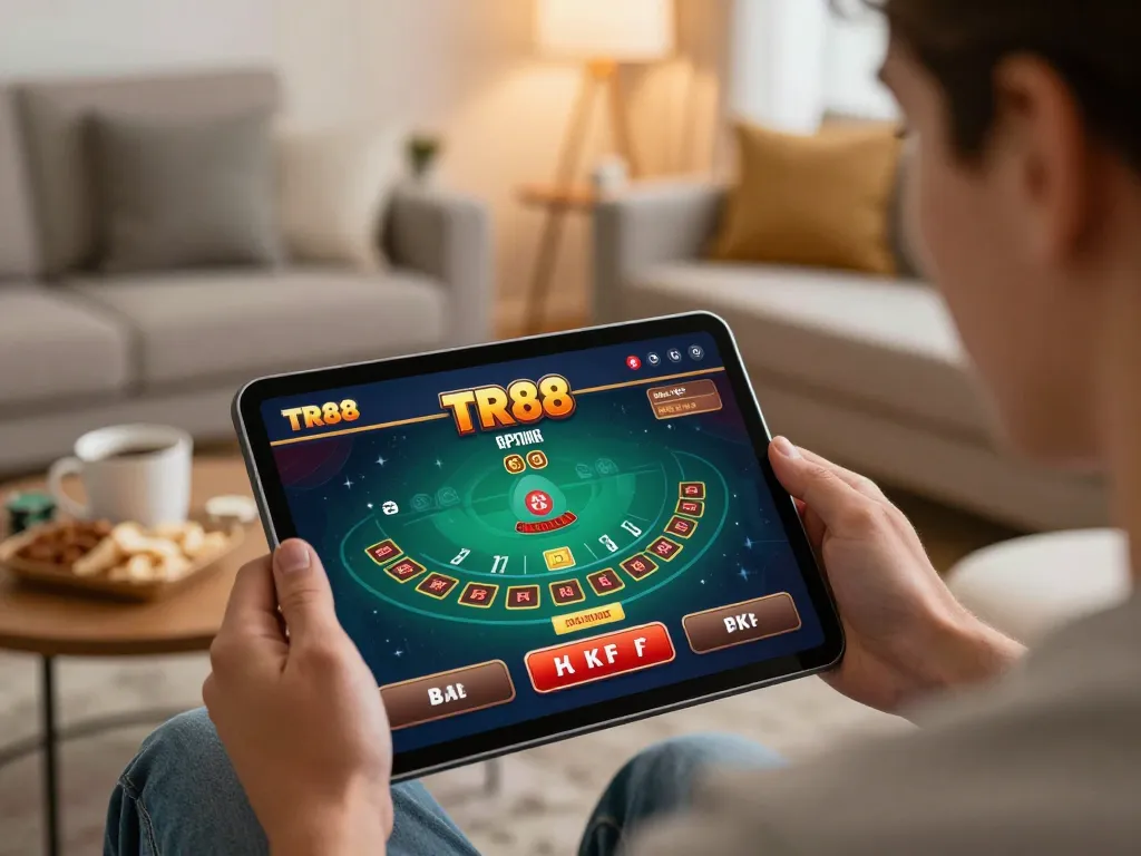 Player engaging with the TR88 casino app on a tablet while enjoying a cozy home atmosphere