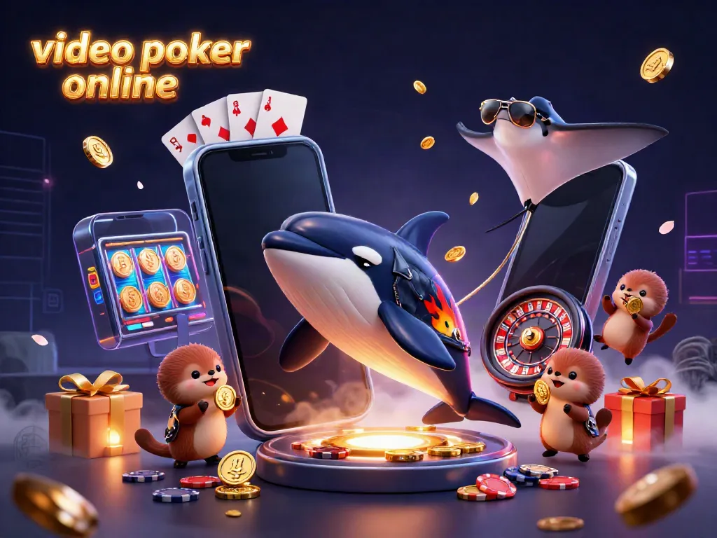 Engage in video poker online with playful sea creatures enjoying their winnings amidst vibrant casino elements.