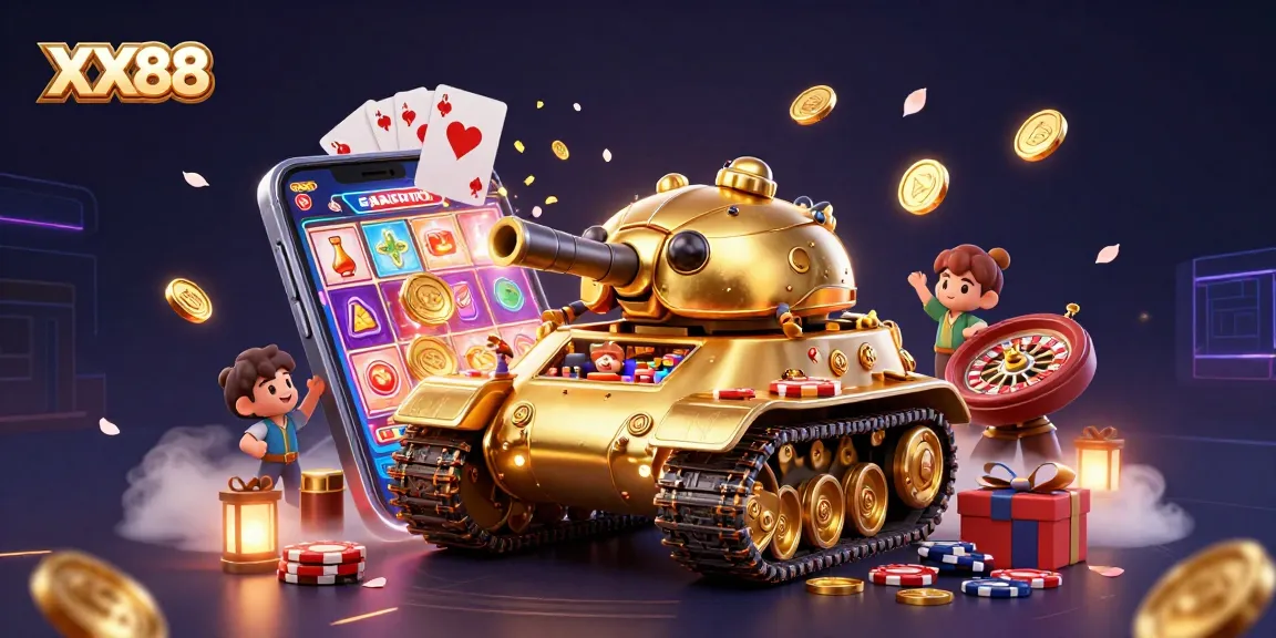 Engage with the vibrant gaming experience at XX88, featuring a dynamic casino scene with colorful slot games and coins.
