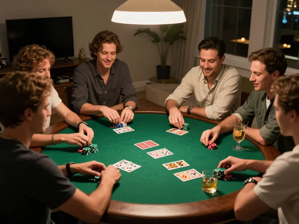 Friends enjoying a lively poker game night at home with LV88 branding visible on the table