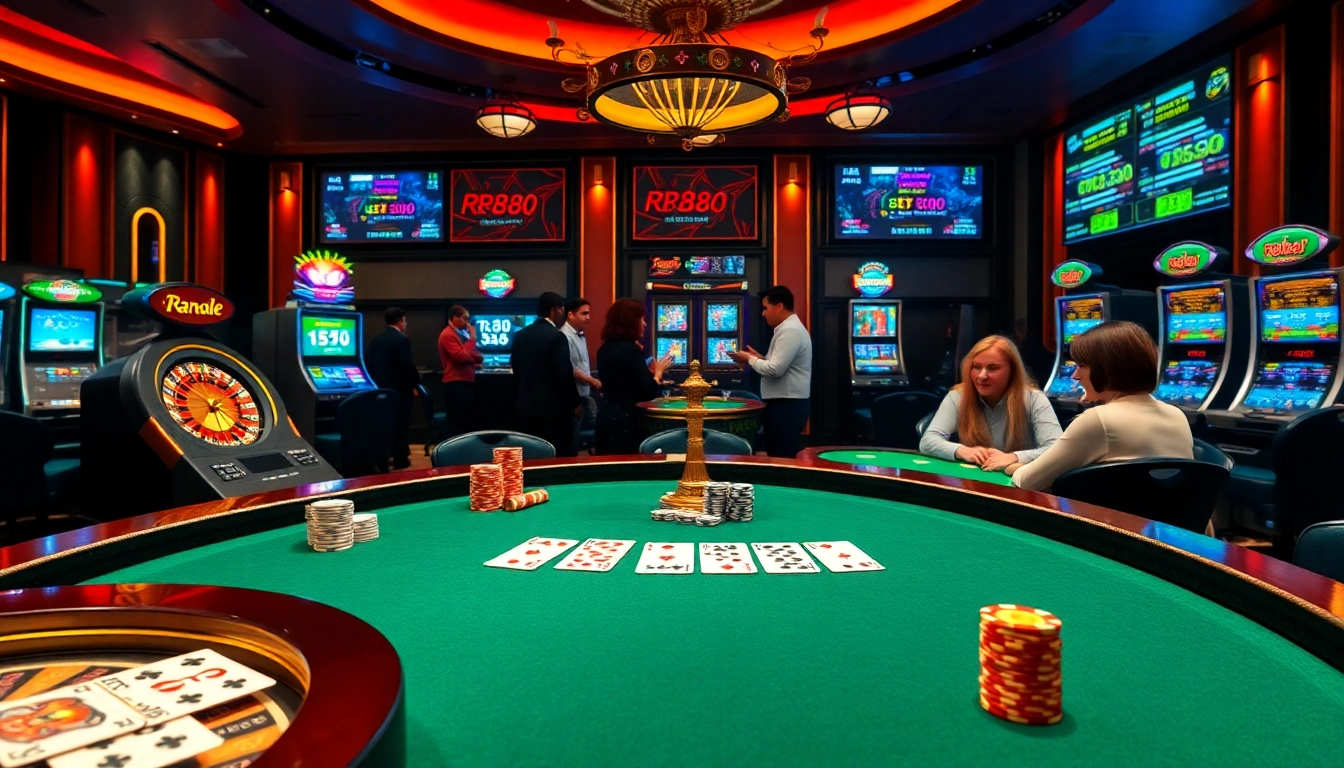 Exciting casino scene with RR88 branding, showcasing poker chips and a roulette wheel.