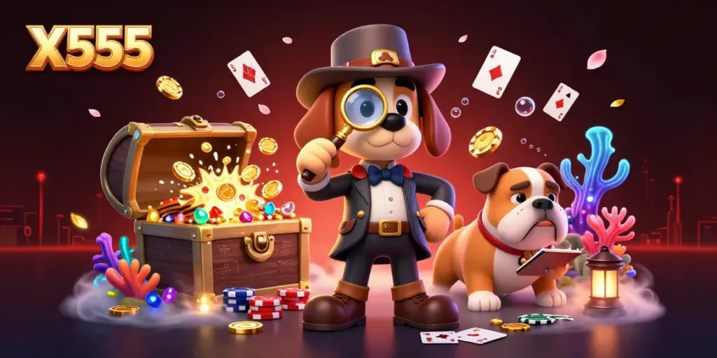 Engage with X555 treasures as a cartoon detective searches for poker clues in a vibrant casino scene.