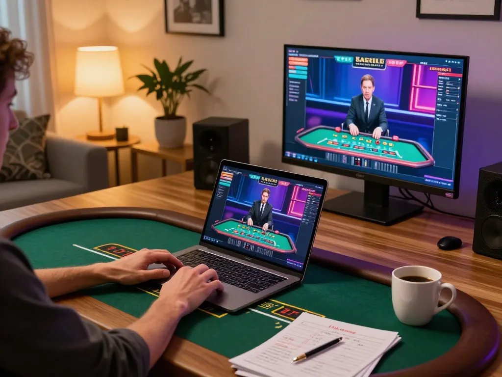 Person playing blackjack online at HM88, highlighting strategic gameplay and modern home setup