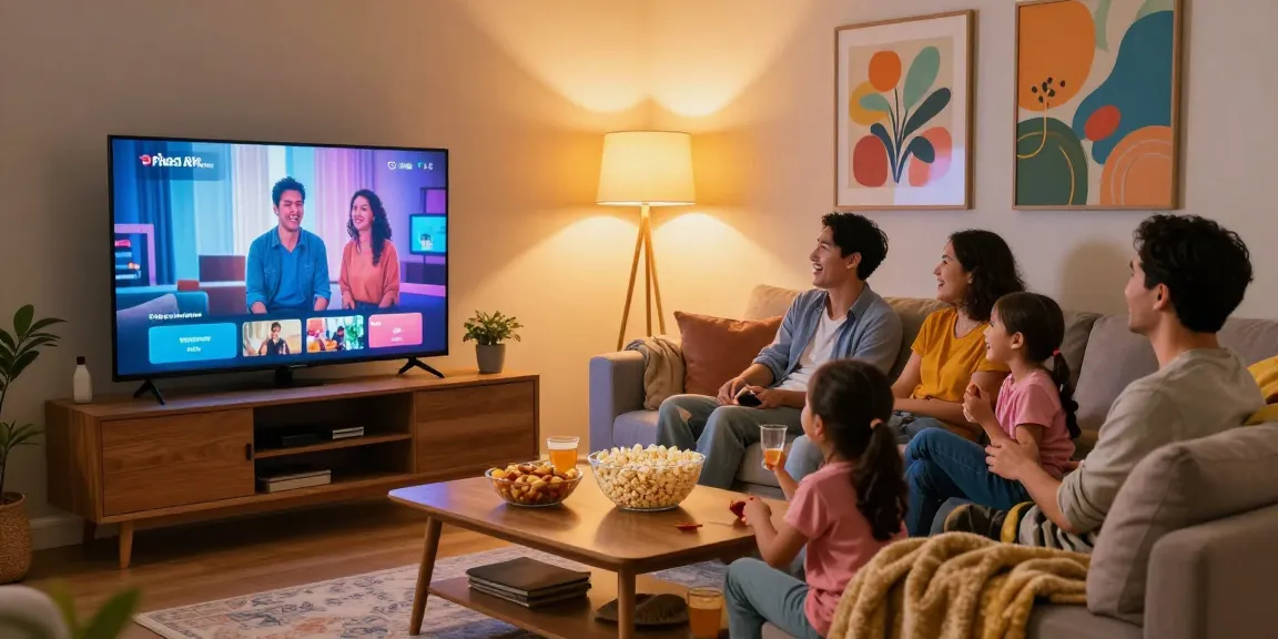 Family watching Pikashow APK download streaming movies on a smart TV.