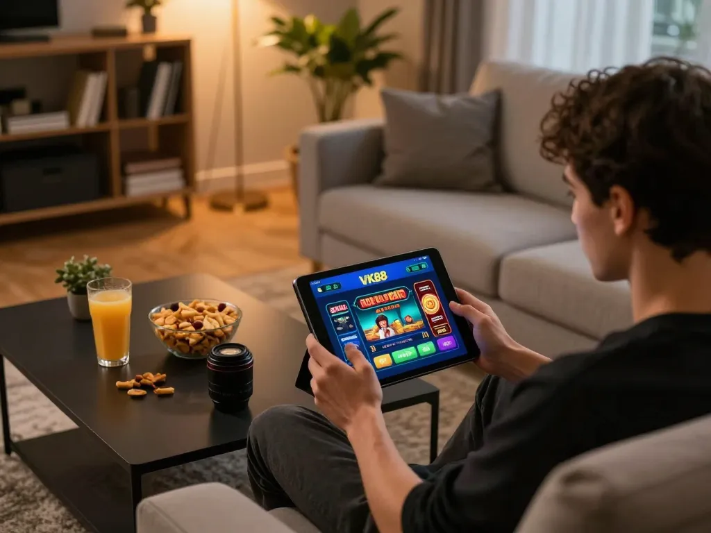 Playing VK88 casino game on a tablet while relaxing at home, showcasing a cozy gaming setup.