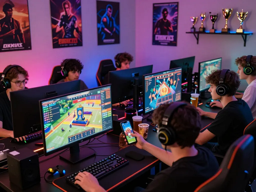 Engaged players enjoying the okwin gaming experience in a vibrant environment.