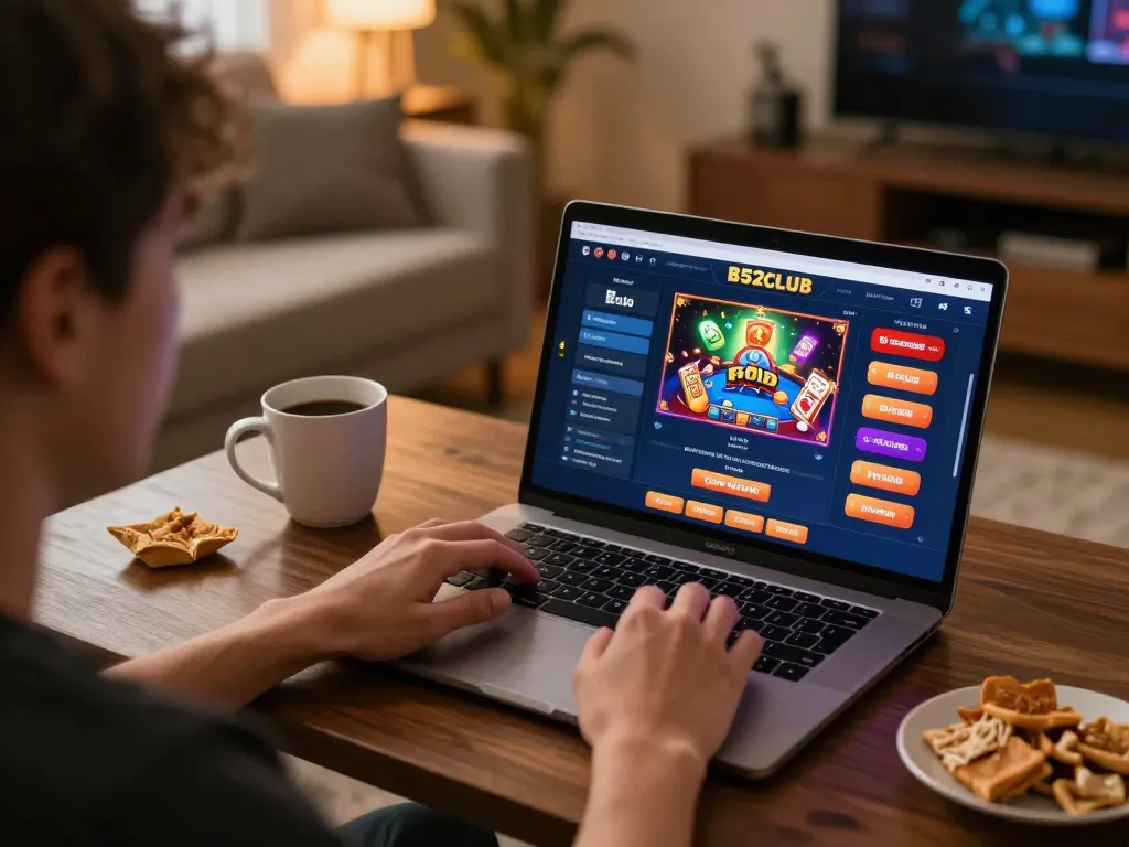 B52club user focused on online poker game with snacks in cozy home setup.