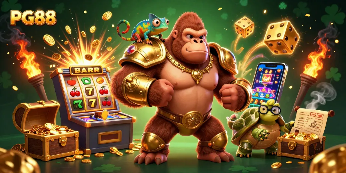 Experience thrilling slots at PG88 with a powerful gorilla king and vibrant casino elements.