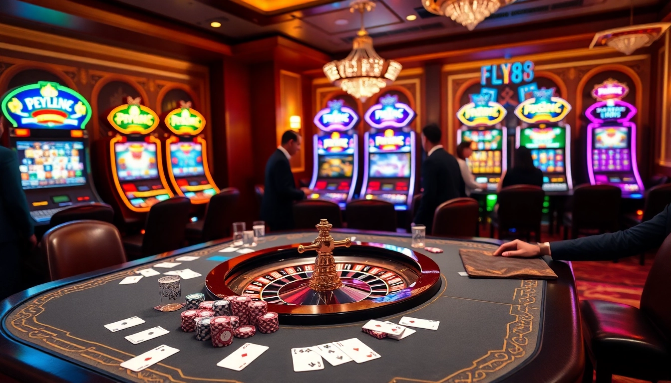 Experience thrilling gameplay at FLY88 with a vibrant casino scene featuring poker tables and roulette wheels.