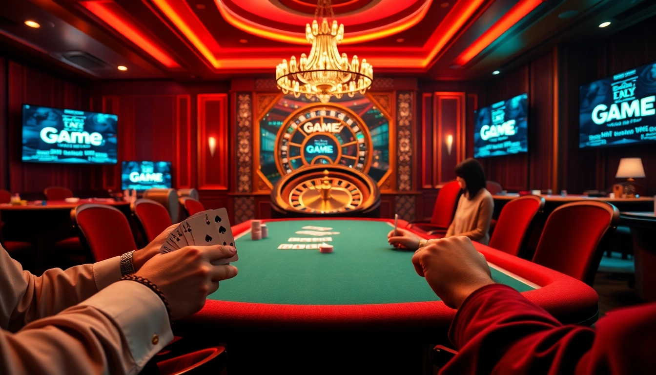 Experience luxurious Game Bài Đổi Thưởng with players enjoying poker and roulette in an elegant casino.