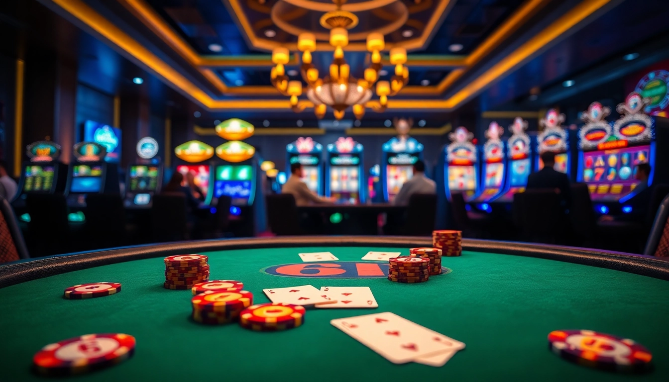 Experience the thrill of gambling at 6FF with a high-stakes poker table full of vibrant chips and cards.
