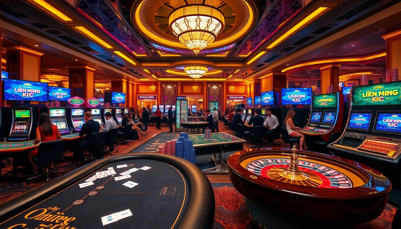 Experience the thrill of Liên minh KJC in a vibrant casino environment filled with poker tables, roulette wheels, and slot machines.