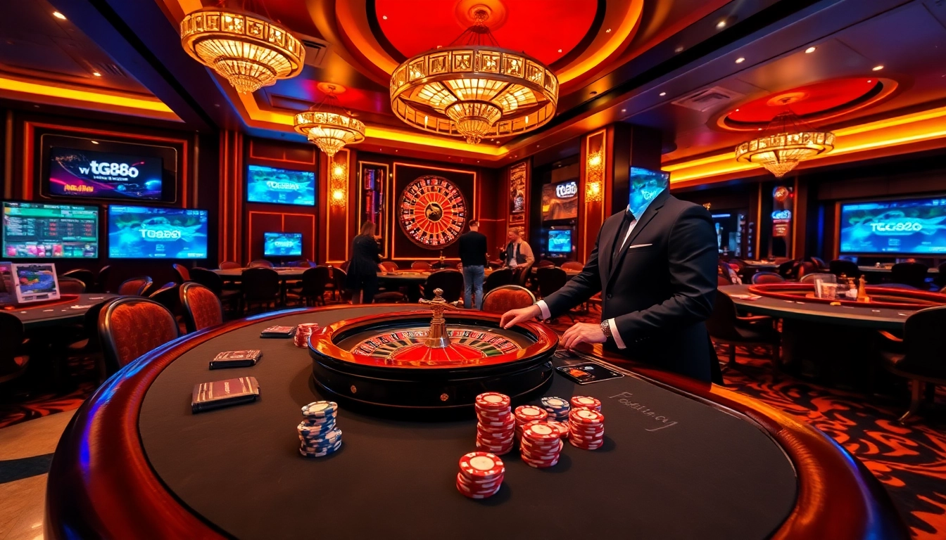 Experience the thrill of tg88 gaming with a vibrant casino scene showcasing professional live dealers.