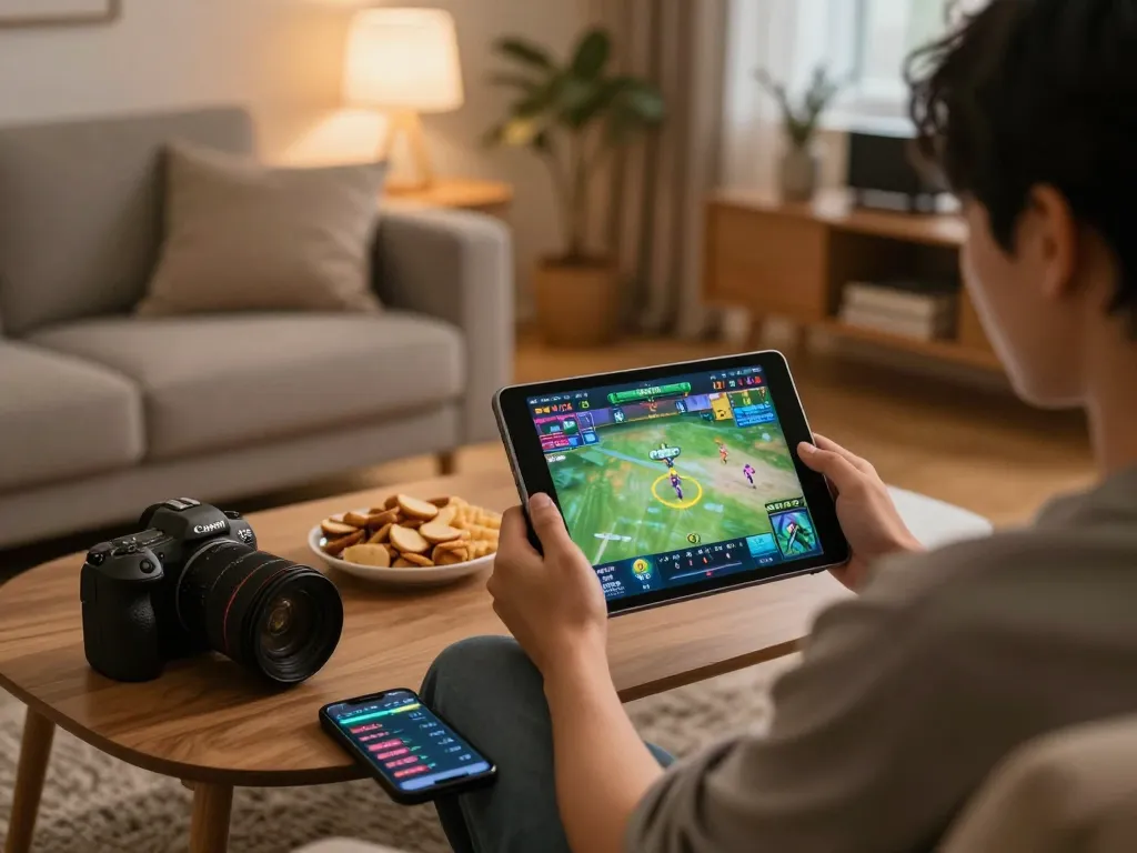 Truyền hình đá gà thomo HD trực tiếp trong khi tận hưởng một không gian chơi game thoải mái tại nhà với đồ ăn nhẹ và máy tính bảng