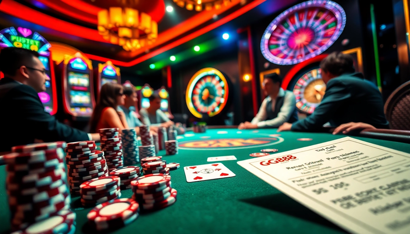 Exciting GG88 casino scene with players betting at poker and vibrant slot machines.