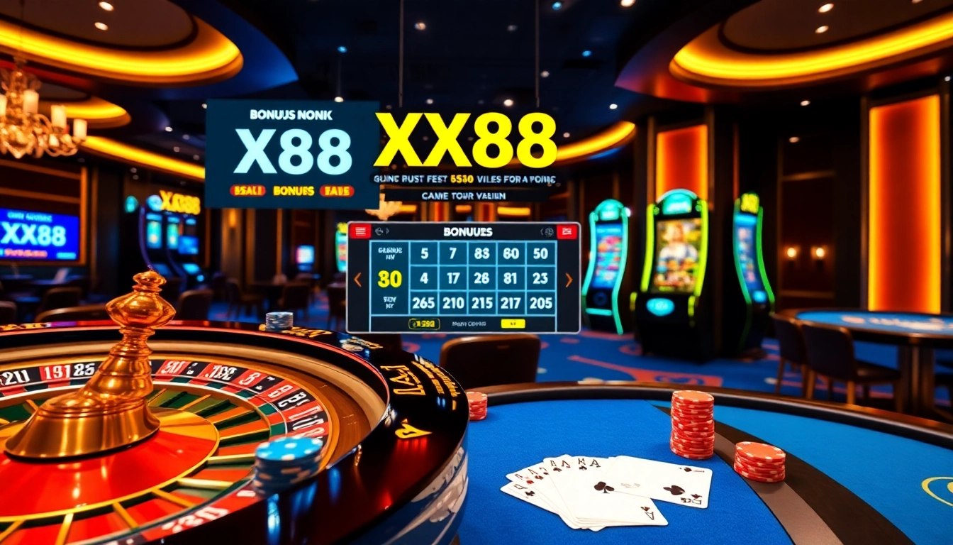 A dynamic casino scene with roulette and poker chips representing XX88's thrilling gaming experience.
