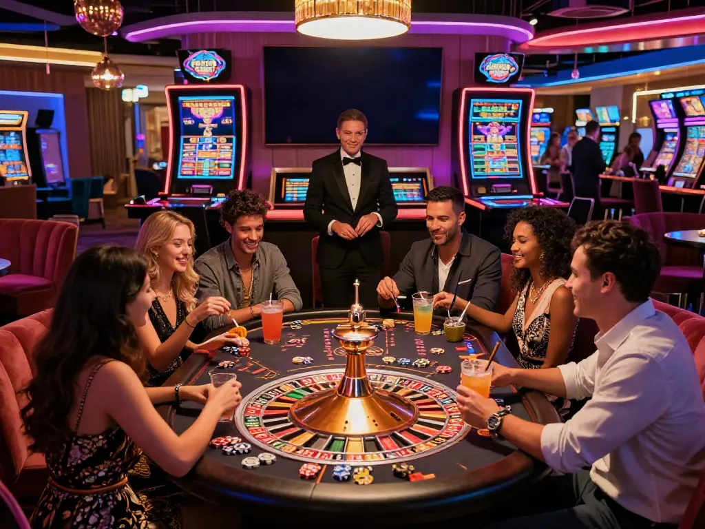 Friends enjoying gaming at a vibrant non Gamstop casino lounge, lively atmosphere with roulette table and neon lights.