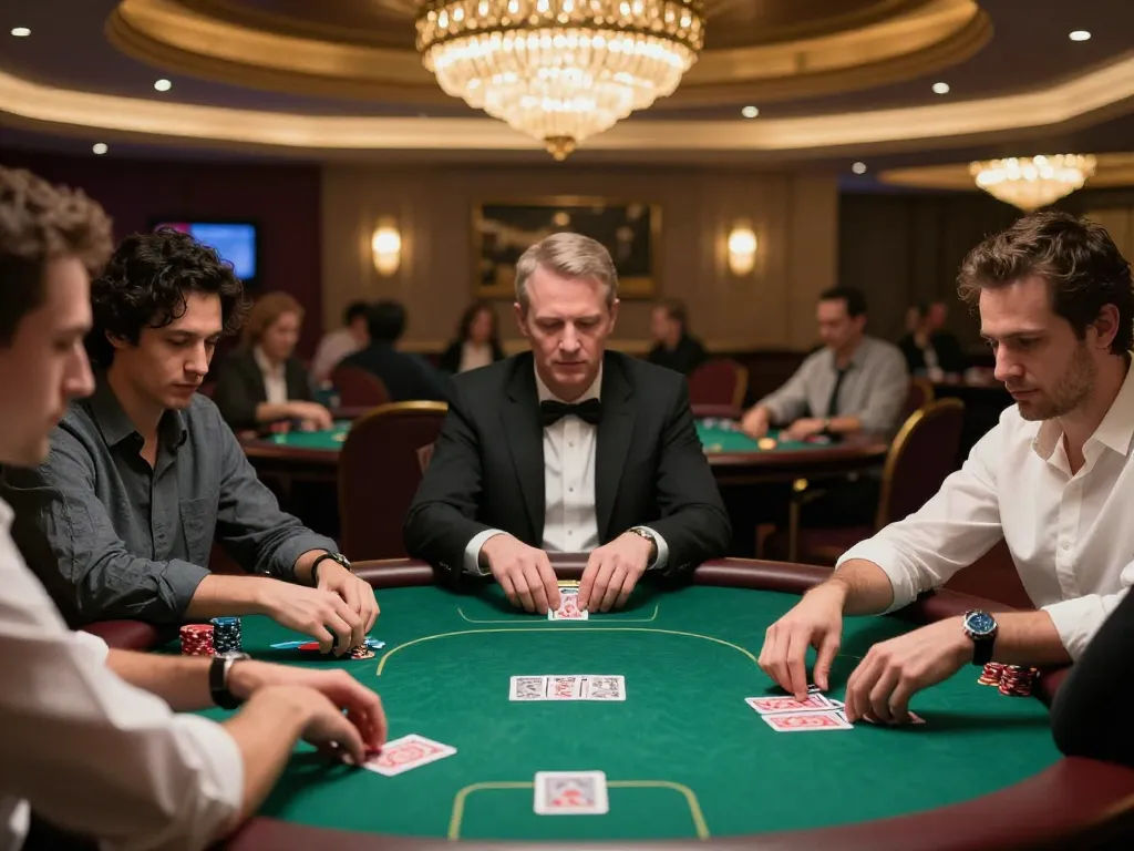 Ace96au players intensely competing during a high-stakes poker game, showcasing excitement and strategy.