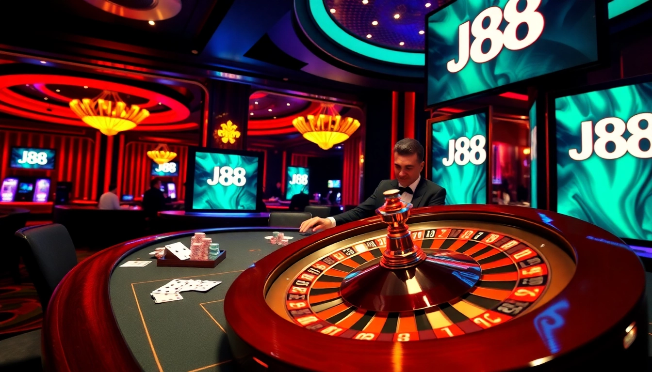 J88 casino scene featuring a roulette wheel with poker chips and an engaging player.