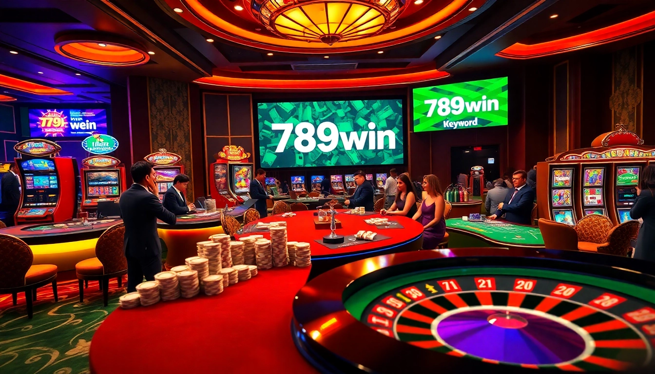 Players enjoying a thrilling game at 789win, with vibrant slot machines and a roulette wheel.