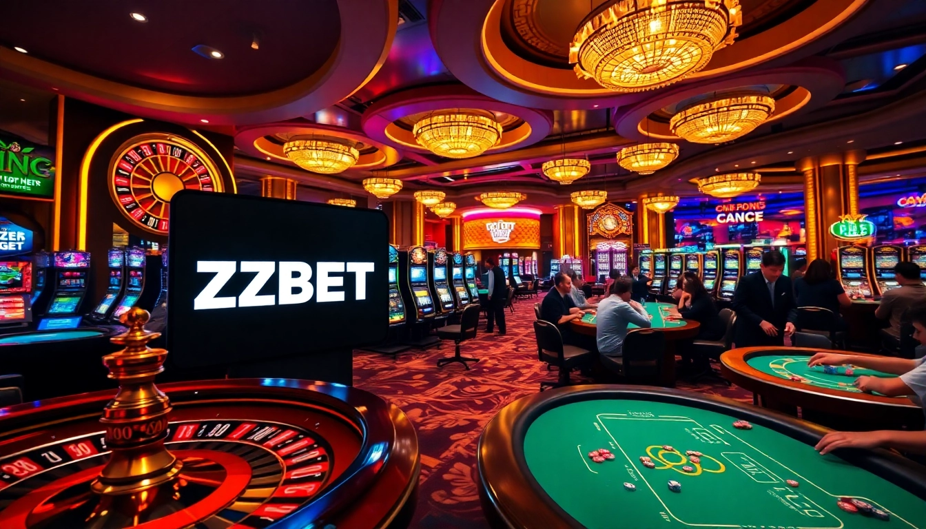 Players engaging with ZBET at a luxurious casino with poker tables and slot machines.
