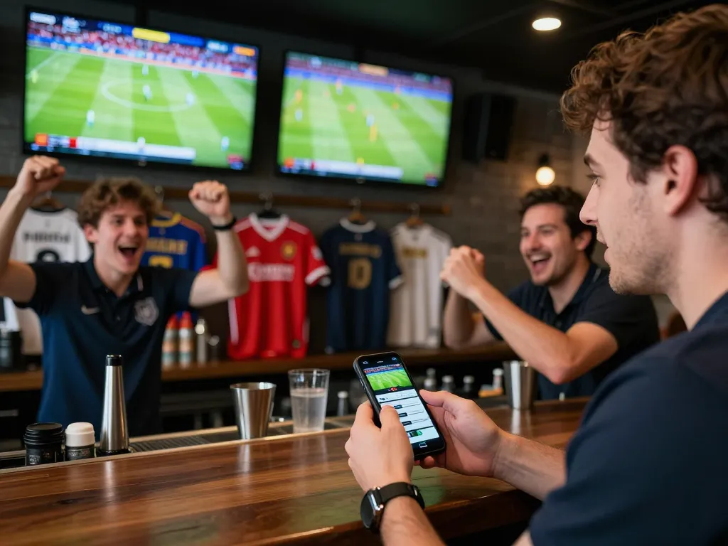 Engaged sports bettor reviewing live odds on a mobile app at a vibrant venue focused on trang cá cược bóng đá uy tín.
