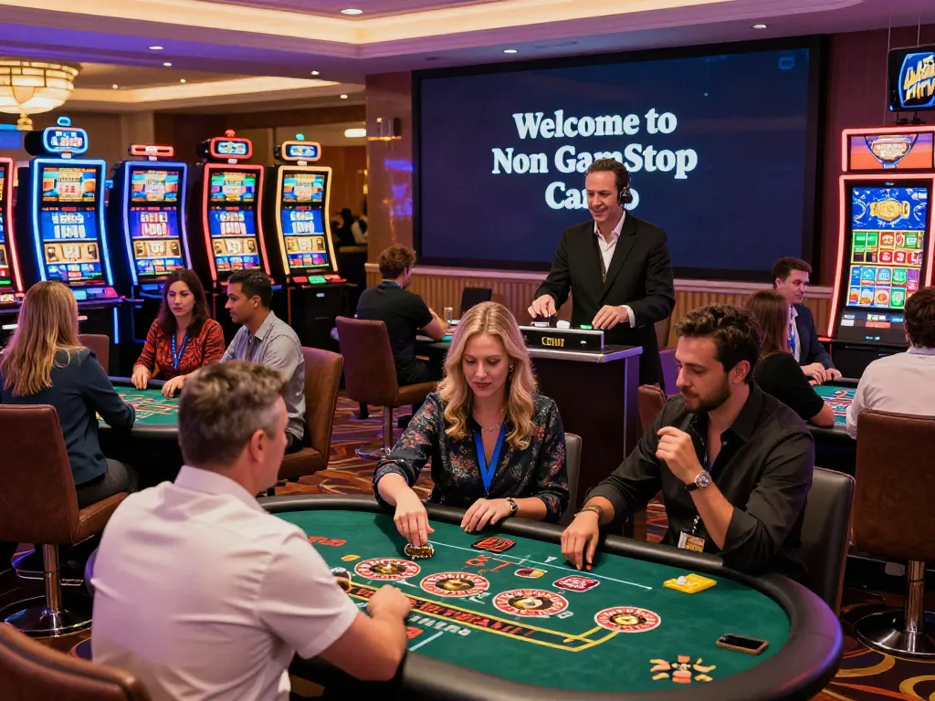 Engaging gaming scene at a non gamstop casino with players and dealers.