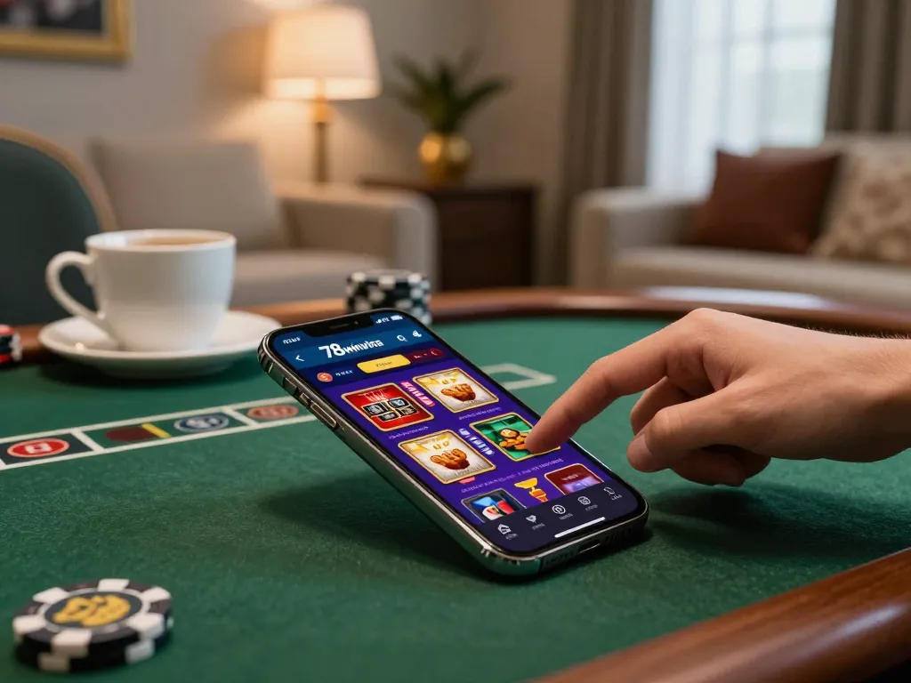 Engaging moment of a player using the 78winvina app for strategic online gambling in a cozy home.