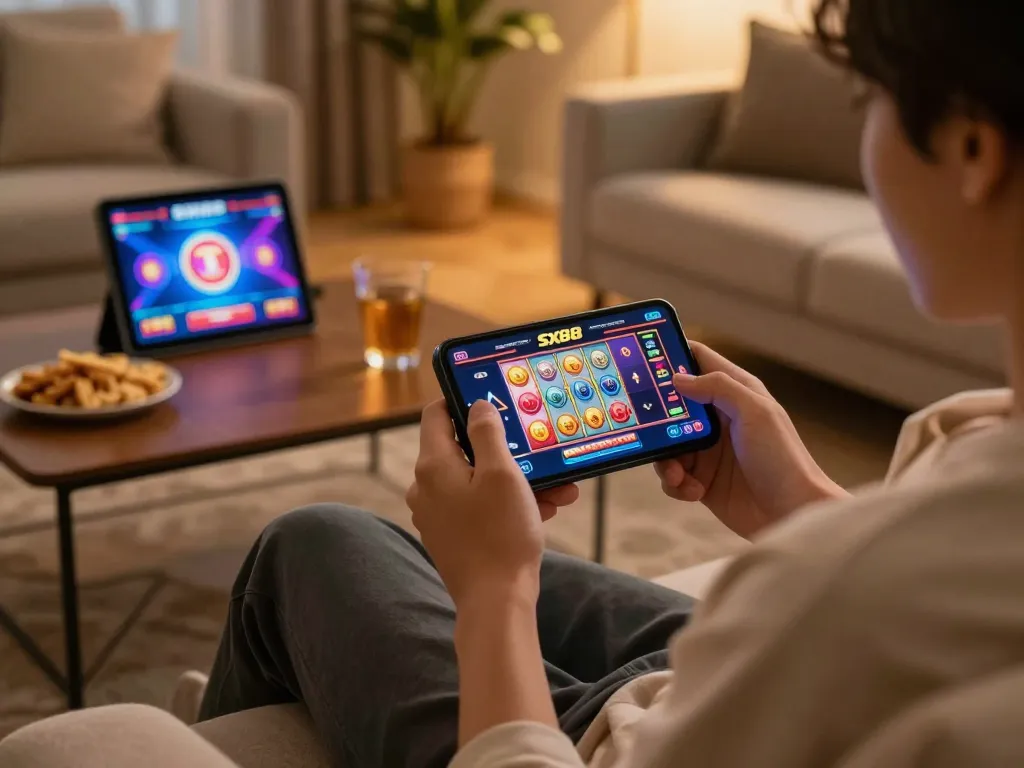 Engaging moment of a player enjoying the sx88 app on their smartphone, showcasing mobile gaming convenience and excitement.