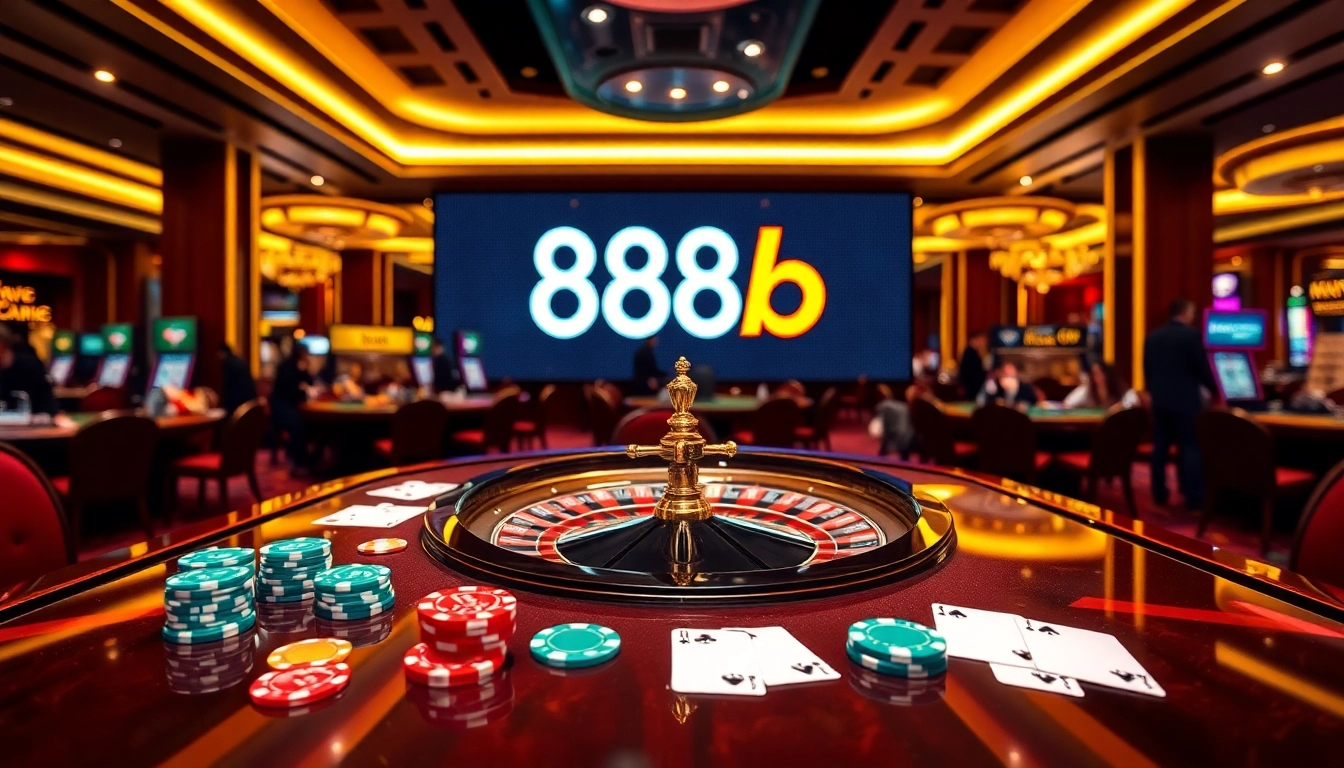 Experience the thrill of gambling at 888b with vibrant poker chips and a roulette wheel.