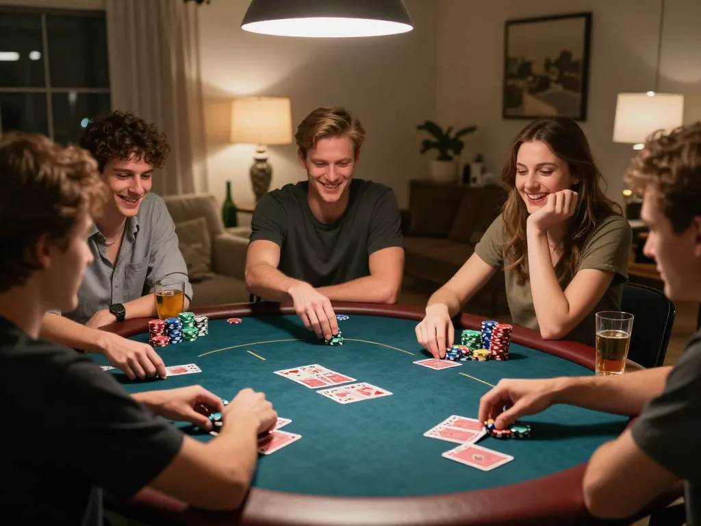 hi88 poker game night with friends, showcasing active play and strategy in a cozy home setting