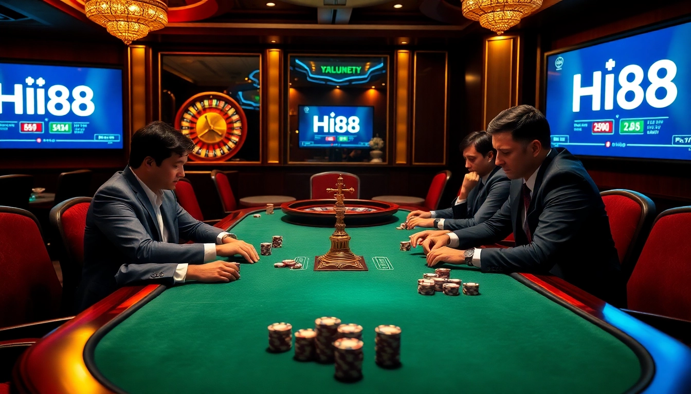 Players enjoy a thrilling poker game at Hi88's luxurious casino table in a vibrant atmosphere.