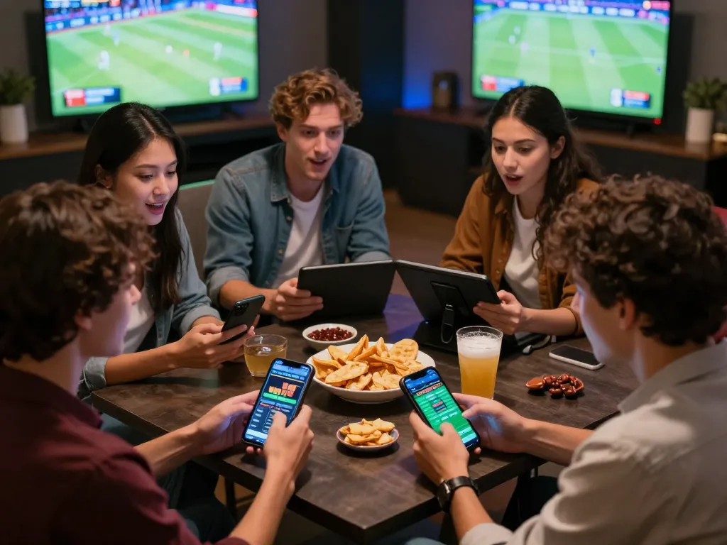 Experience the excitement of live sports betting at Tg88.com with friends eagerly engaging in betting activities.
