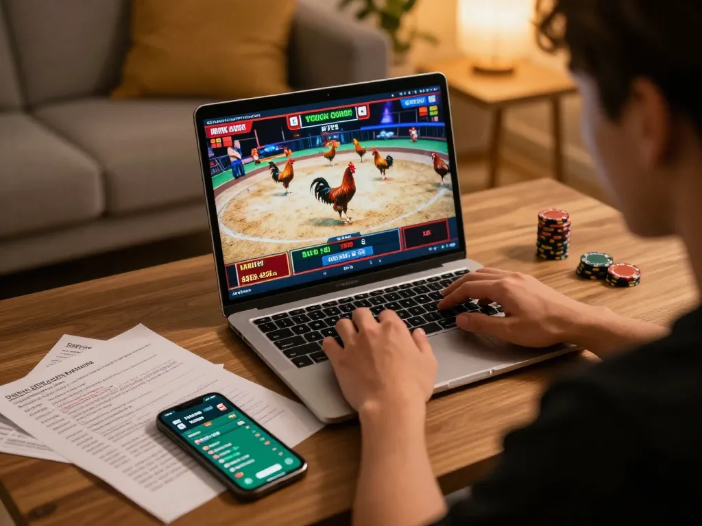 Experience the thrill of online cockfighting betting with WALA88 on a laptop in a cozy setting.