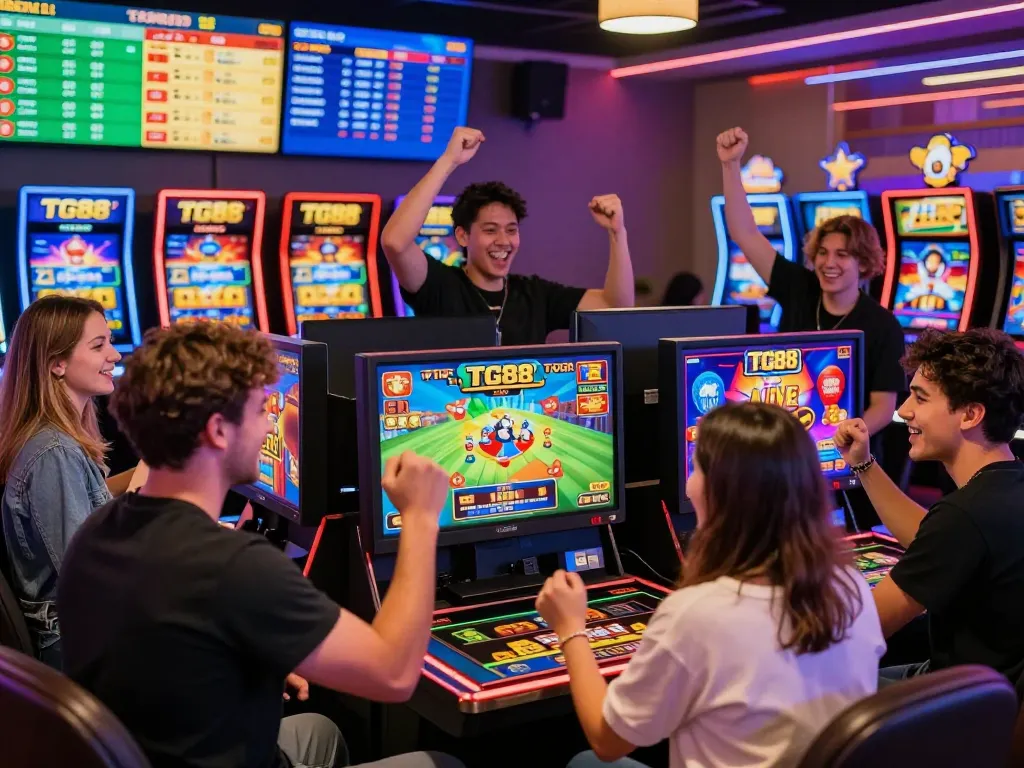 Diverse players enjoying TG88's vibrant online gambling platform, celebrating wins in a dynamic casino environment.