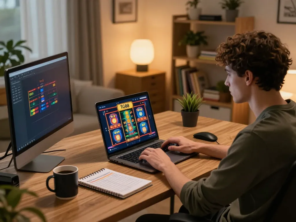 Tg88 user enjoying online slots in a stylish home office, showcasing responsible gaming.