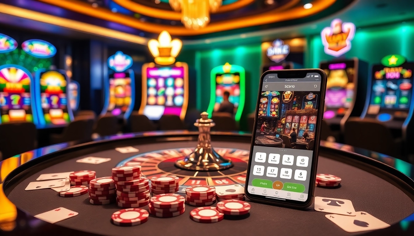 Engaging scene of SC88 Việt Nam featuring an elegant casino table setup with vibrant colors and mobile gaming.