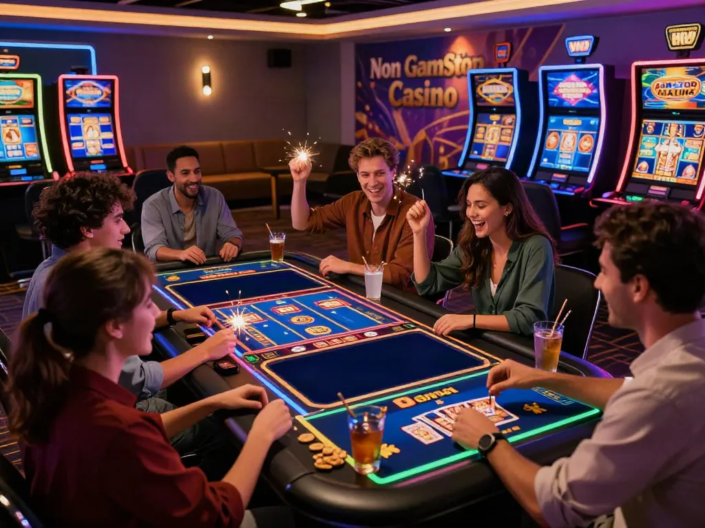 Exciting gaming experience at a non gamstop casino with friends celebrating wins at the digital gaming table.