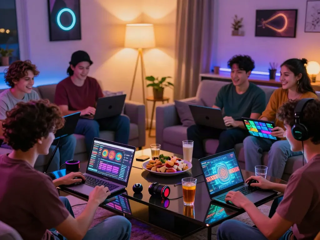 Friends enjoying a lively gaming session at a non gamstop casino in a stylish living room.