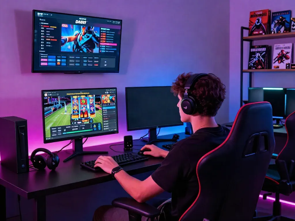 Engaging DA88 online gaming experience with gaming chair and dual monitors in a vibrant setup.